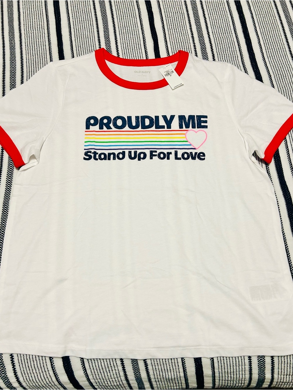Old Navy White Short-Sleeve Tee with Red Trim and Rainbow Stripes